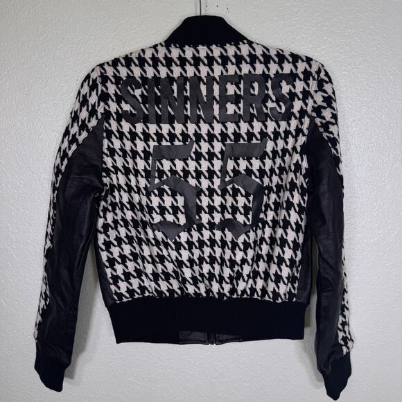 Black Scale Jacket Women Small Wool Leather Houndstooth Sinners 55 Goth Grunge - Picture 1 of 10